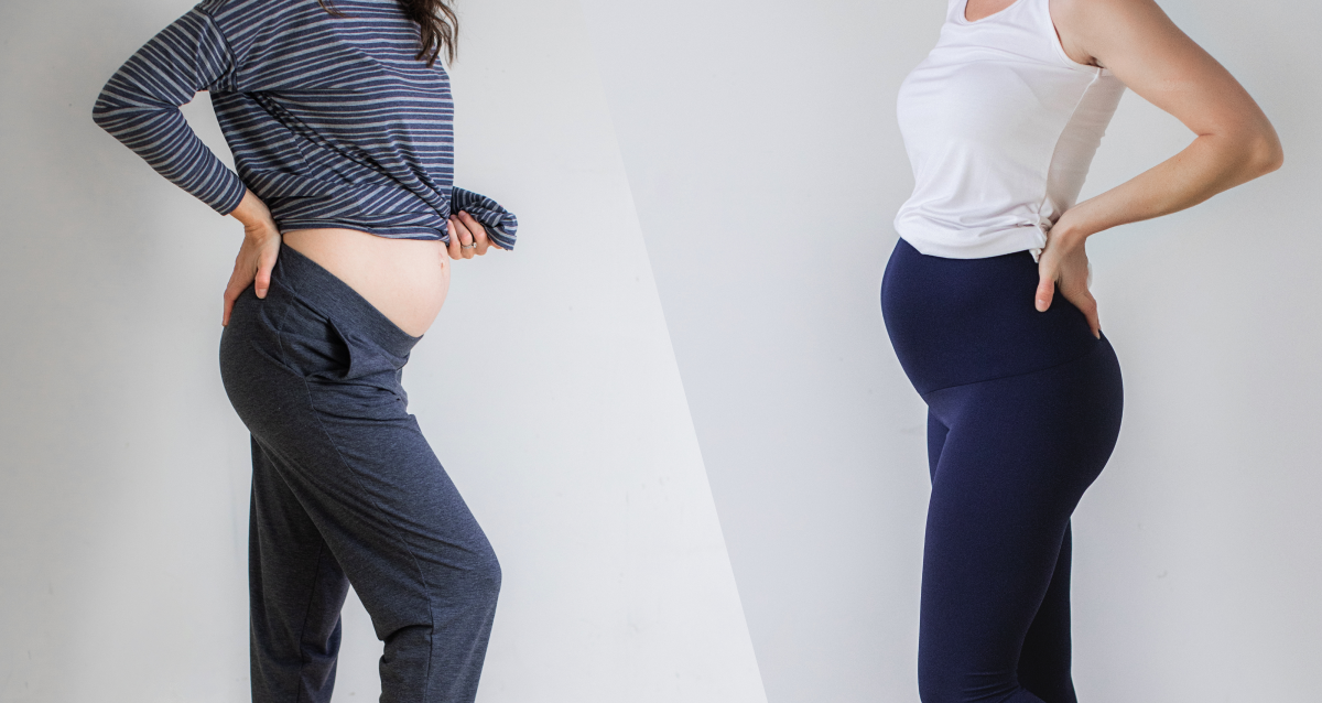 Woman in her second trimester wearing Comfy Maternity Leggings at home, natural light